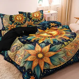Home & College Decorative Duvet Cover Set - 3pcs High-Definition Printed Sun Moon Floral Design( 1 Duvet + 2 Pillowcases,No Inserts)