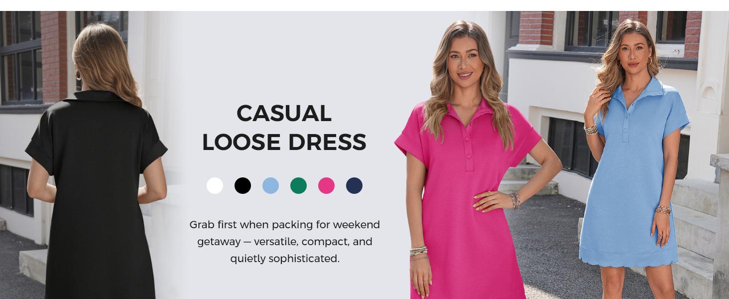 Fisoew Sports Womens Summer T Shirt Mini Dress Short Sleeve Collared V Neck Button Loose Active Dresses with Pockets