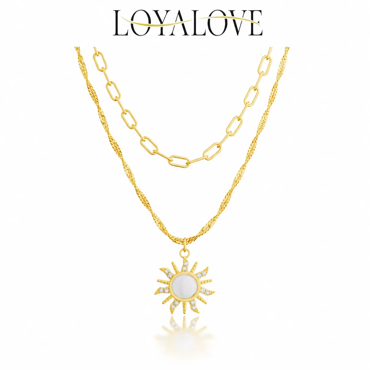 Loyalove 14K Gold Plated Sun Pendant Layered Necklace for Women, Y2K Celestial Necklace, Paperclip Chain & Rope Chain, Dainty Statement Jewelry, Beach Vacation Gift