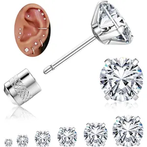 Fansilver 6 Pairs Small Threadless Flat Back Stud Earrings 20G Hypoallergenic 5A Cubic Zirconia Earrings Studs Piercing Sleeper Studs Jewelry for Sensitive Ears, Surgical Stainless Steel Stud Earrings Set for Women Men