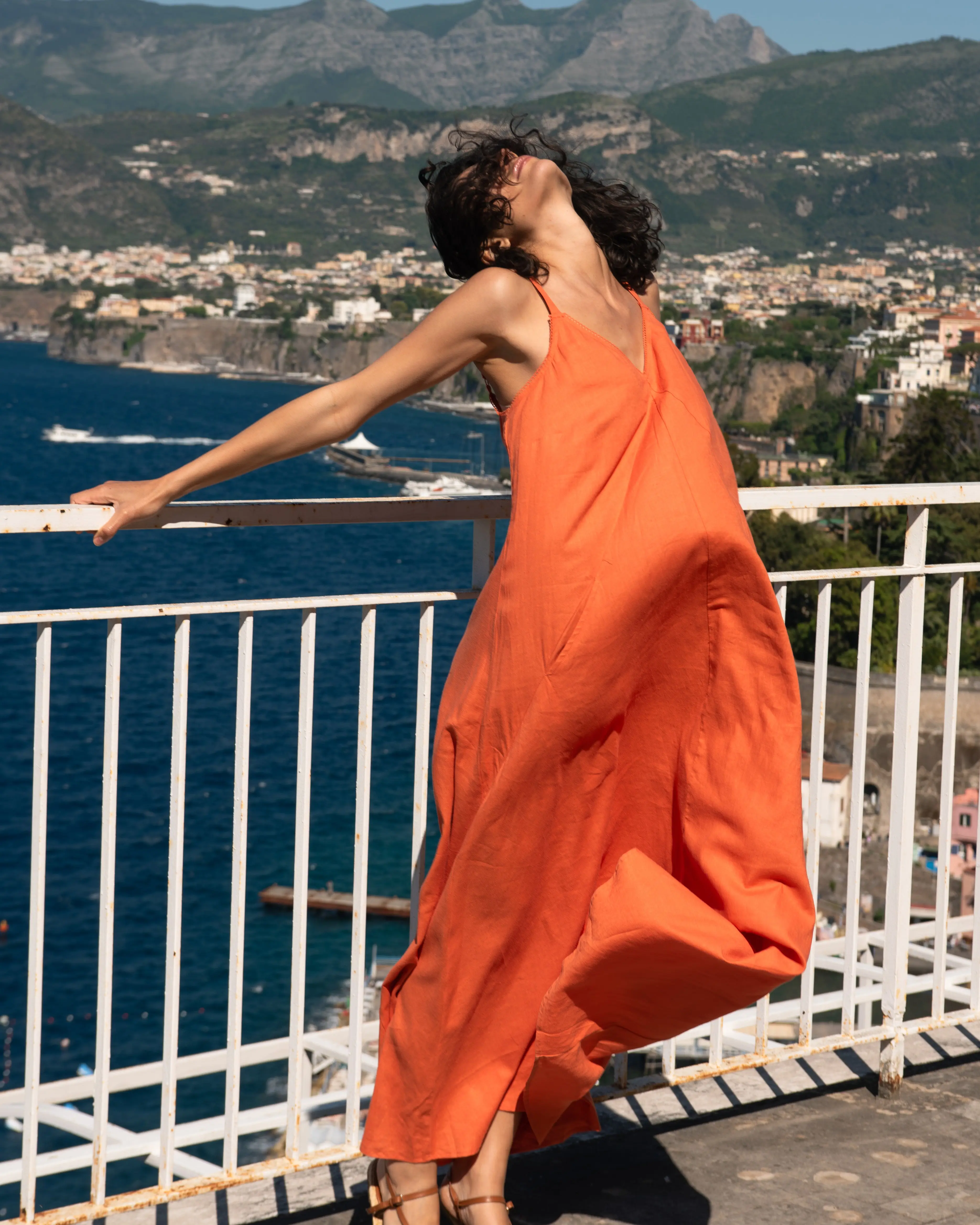 Women's Italian Orange Flowing Kite Maxi Dress - Soft Stretch Breathable Linen-Elastane Blend, Minimalist, Light-As-A-Feather Skim Fit, Simple Lines, Coastal Grandmother Style, Soft Romance Vibe Clothes for Casual & Going Out