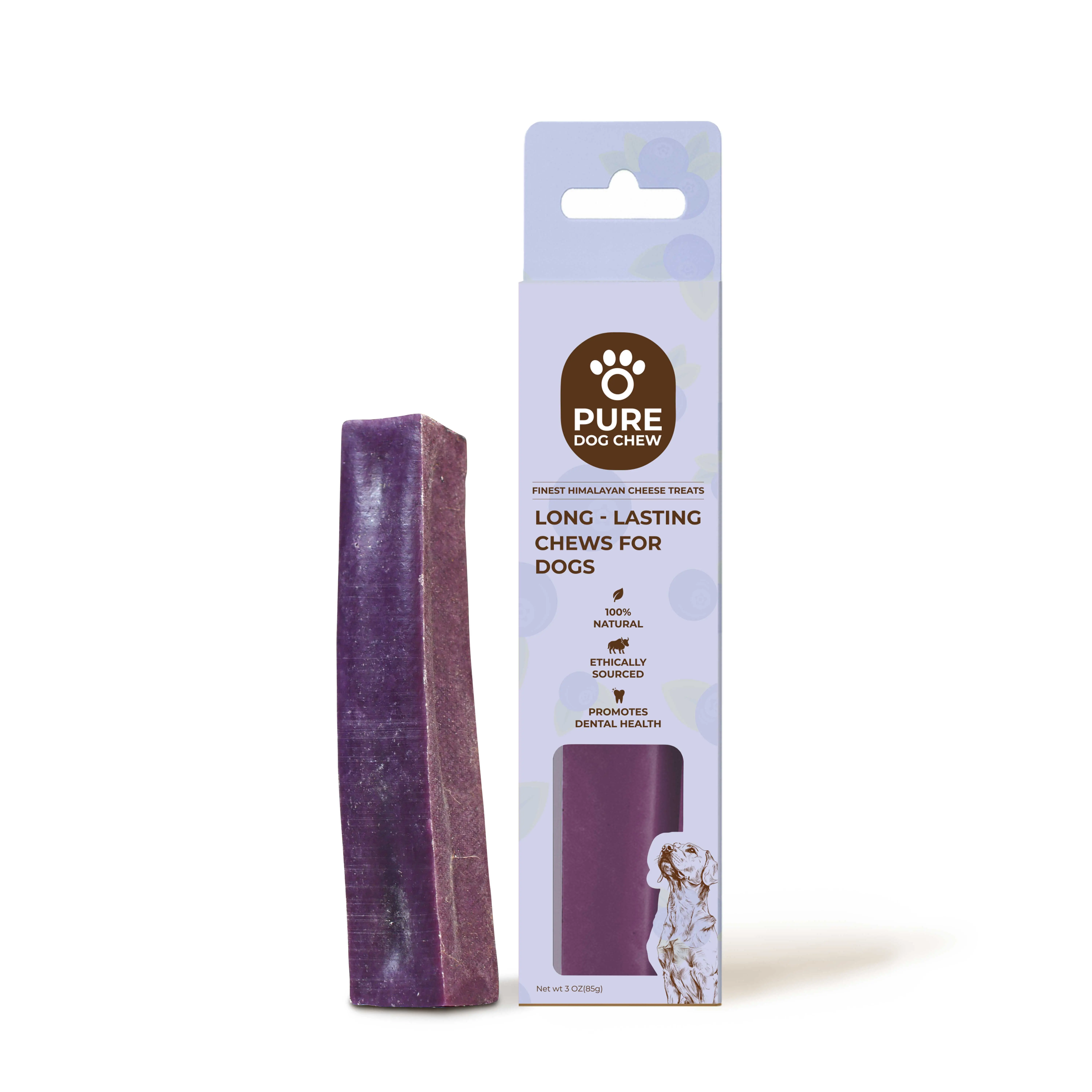 Pure Dog Chew Purple-Speckled Himalayan Cheese Chew for Dogs, 3 oz Handcrafted Blueberry Flavor - High Protein Treats, Natural Antioxidant-Rich, Long-Lasting, Brain Health Support, Gluten Free, Cow Milk, Yak Cheese