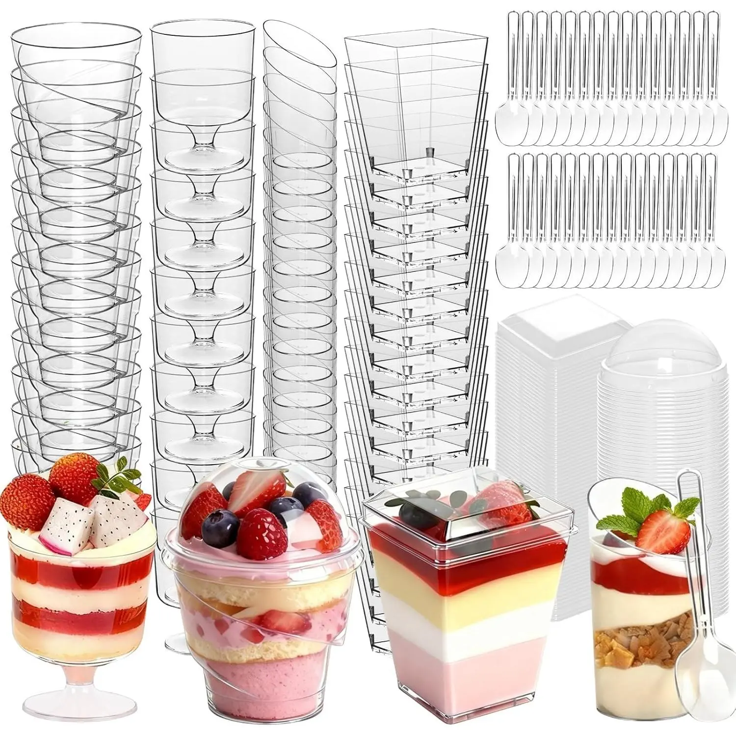 400-Pack 5 oz Dessert Cups with Lids and Spoons, Clear Plastic Parfait & Yogurt Cups, Mini Shooter Cups for Parties, Ice Cream, Pudding, Fruit|   Square Appetizer Containers