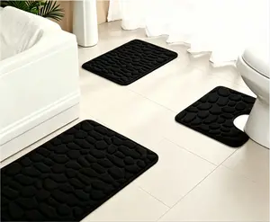 3-Piece Black Cobblestone Embossed Memory Foam Bathroom Rug Set, Non-Slip, Ultra Absorbent, Minimalist Machine Washable Bath Mat, Toilet U-Shaped Rug & Runner for Bathroom, Tub, Shower Floor, Luxury Soft Bath Rugs Minimalist