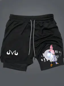 Dragon Ball Majin Buu Print 2-In-1 Drawstring Waist Shorts, Quick-Dry Swim Trunks, Loose Fit with Pockets, Ideal for Summer & Workout