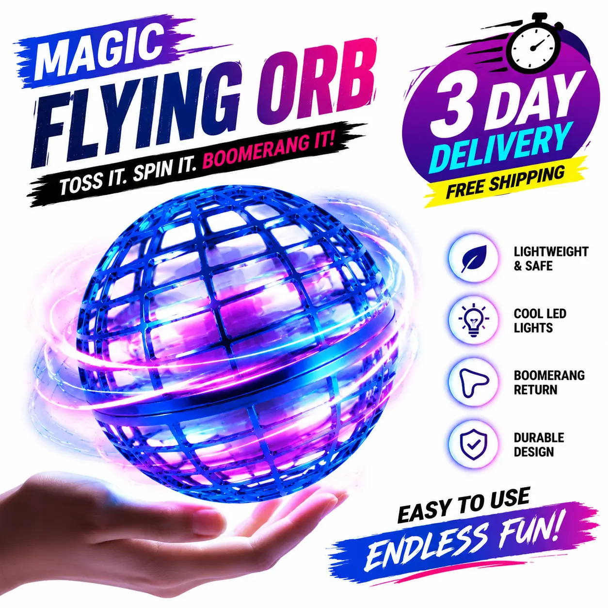 2026 Upgraded Spherical Flying Orb Ball - Dazzling Lights Magic Hover Spinner Cool Boomerang Drone Floating Cosmic Globe Stress Relief Toy with Power Button, Abs-Infused Kids Gift for 6-8/9-10+ Year Olds, Multiplayer Games Compatible