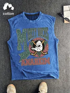 Vintage Washed Cotton Sleeveless Tee - Anaheim Mighty Ducks Retro Hockey Graphic | Y2K Streetwear, Breathable Casual Tank Top for Men & Women | TikTok Viral 2026, Distressed Sporty Style for Summer Outfits Sleeveless Tank Tops