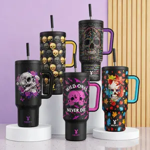 Meoky Skull 40oz Tumbler with Handle, Vacuum Insulated Stainless Steel, Leak-Proof Travel Mug with Straw, Non-Slip Base, Car Friendly, BPA-Free