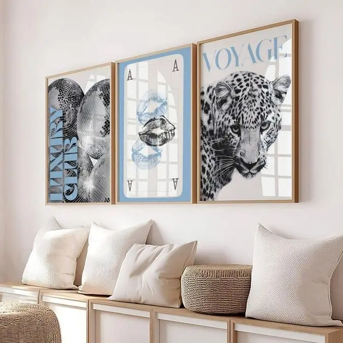 Light Blue Leopard Gallery Wall Art Set of 3 Trendy Fashion Stylish Prints Decor Office Aesthetic Cool Wall Art Fashion Magazine Luxury Club