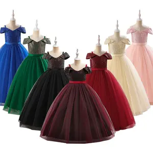0002 Green Kids Clothes Sequin Tulle Princess Long Ball Gown Frock Children Formal Evening Party Pageant Prom Host Cocktail Dress Flower Girls 4-14Y