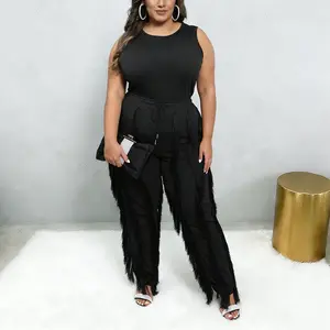 Plus Size - Women Plus Size 2pcs Outfits Fringe Tassel Long Pants Set Sleeveless Tank Tops Clubwear Womenswear Clothes Suits