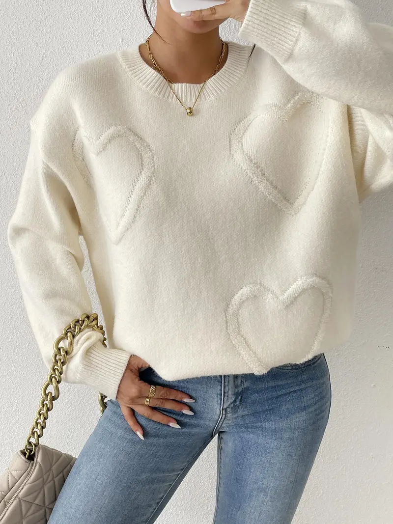 Women's Heart Pattern Sweater, Loose-Fit Long Sleeve Casual Knit Top, Fall & Winter Round Neck Pullover, Oversized Valentine's Day Style