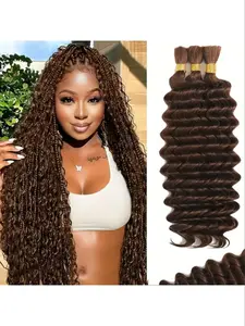 Brazilian Virgin Chocolate 4# Color Braiding Hair, Deep Wave 2 Bundles 100g, Boho Braids, Wavy Curly Extensions, Natural Look