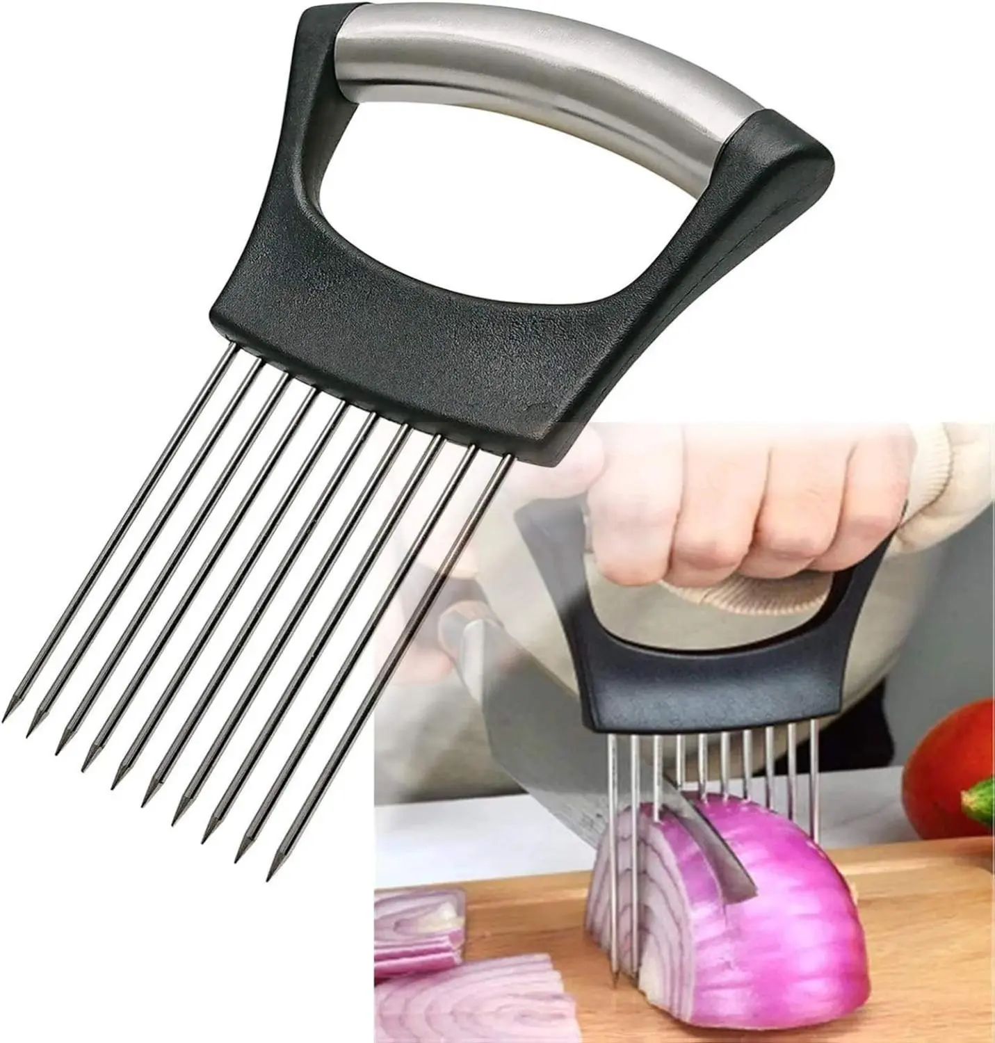 Sturdy Stainless Steel Onion Holder Fork, Sharp Tines for Slippage Prevention & Efficient Slicing Onions, Lightweight Thick Kitchen Utensil with Extra Wide Non-Slip Handle, Easy to Clean for Meat Prep