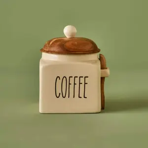 Koffi Ceramic Jar with Acacia Lid & Spoon