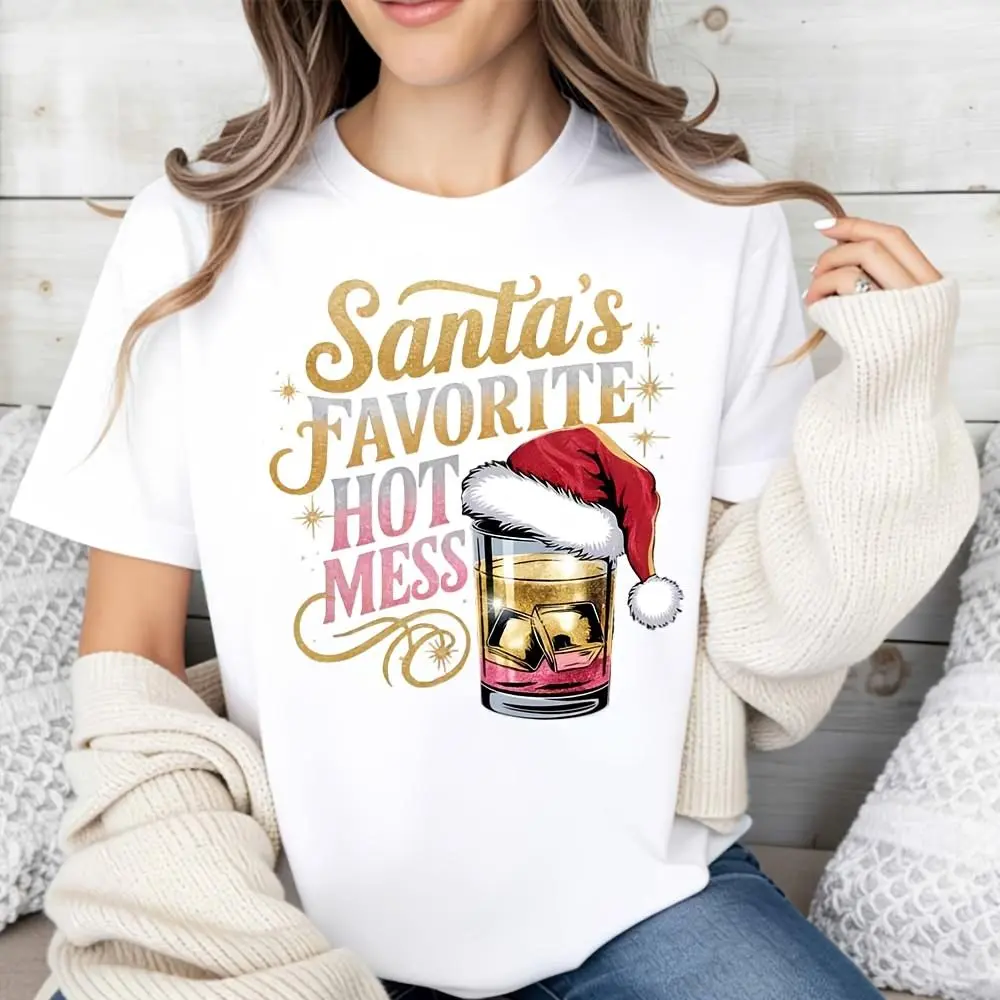 Santa's Favorite Hot Mess Christmas Shirt, Funny Holiday Graphic Tee, Women's Festive Top,