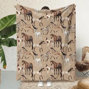 Elegant Horse Pattern Flannel Throw Blanket - Cozy, Warmth-Themed Design with Brown, White & Black Horses, Perfect for Bedding or Sofa Decor, Soft Polyester, Machine