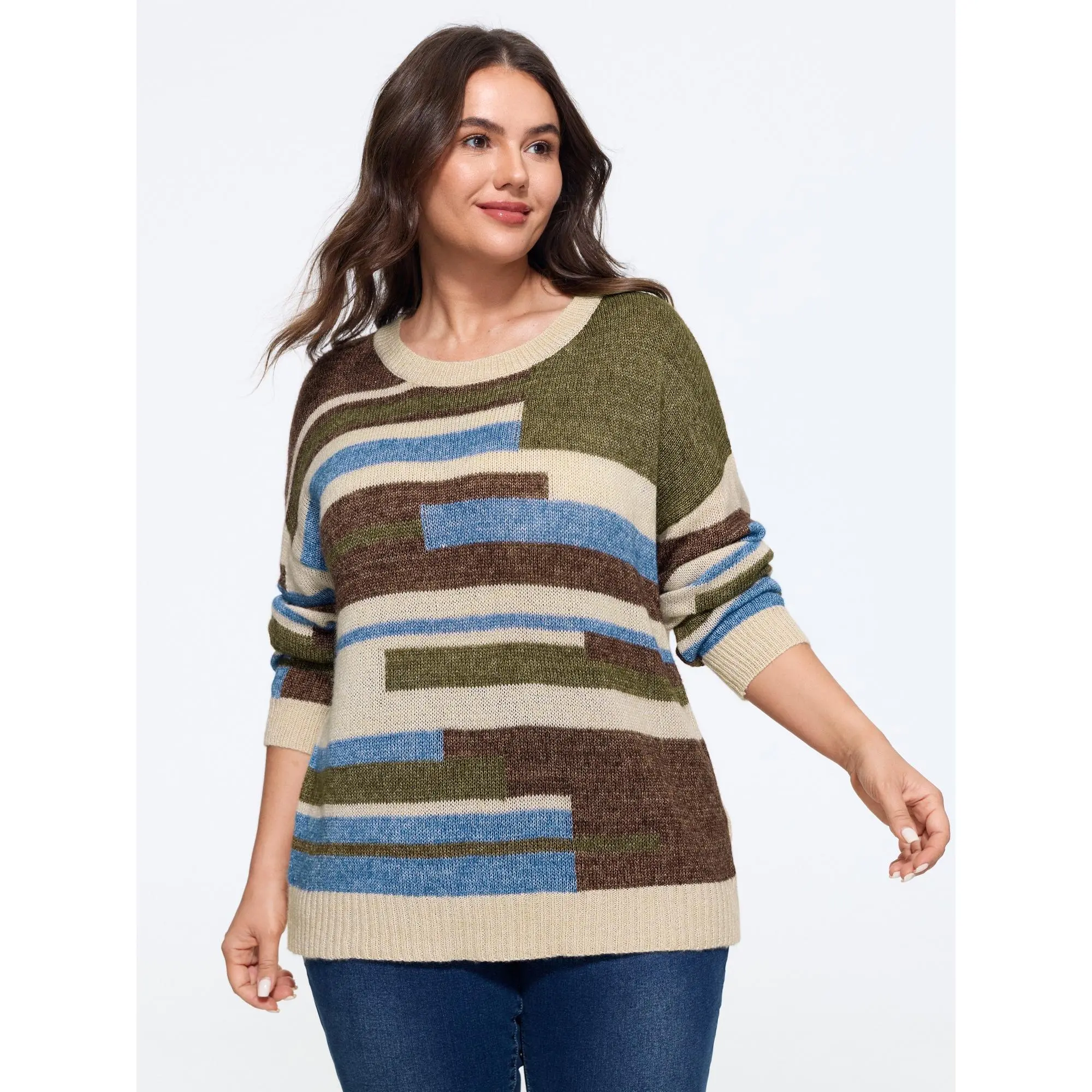 BloomChic Plus Size Crew Neck Colorblock Drop Shoulder Pullover[M-6X] Back To School,Spotlight Day，SohoChic