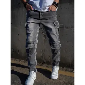 Men's Solid Multi-pocket Ripped Straight Leg Jeans, Street Fashion Casual Comfy Denim Pants for Daily Wear, Mens Bottoms for All Seasons, Cotton, Menswear, Streetwear Denim, Ripped Skinny Jean Trouser