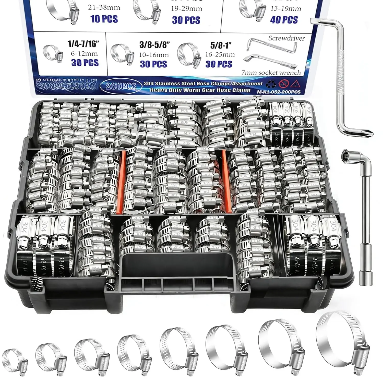 202 count 304 Stainless Steel Hose Clamps Assortment Kit,Metal Adjustable 1/4"-2"(6-51mm) Worm Gear Hose Clamp Heavy Duty Small Hose Clamps for Automotive,Radiator Pipe,Plumbing, Line