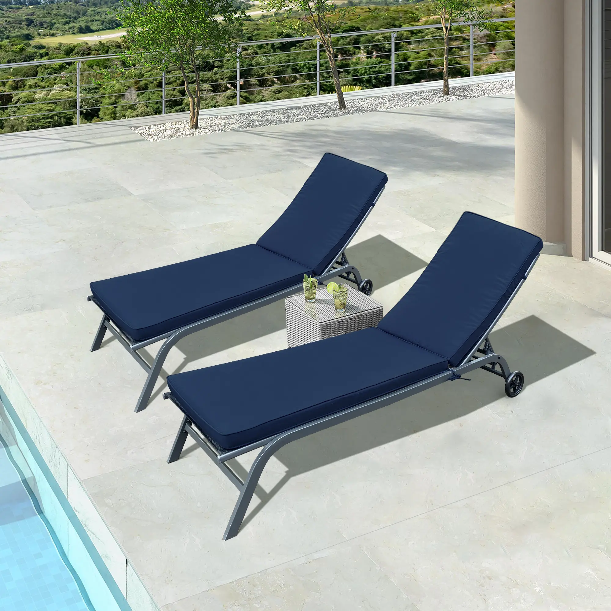 Outdoor Chaise Lounge Cushion Set, 2-Piece Replacement Cushions with Removable Covers, Adjustable Straps, Blue Striped Polyester, 22.05"W x 74.41"D x 2.76"H