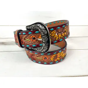 Turquoise Buckstitch Floral Tooled Leather Belt