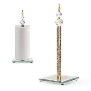 Gold Paper Towel Holder, Bling Crystal Paper Towel Roll Holder, Decorative Standing Paper Towel Holder for Kitchen Countertops Bathroom, Paper Towel Dispenser with Weighted Base (Square/Gold-A)