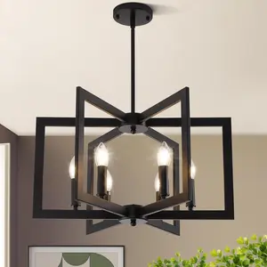 21.6" Black 6-Light Geometric Farmhouse Chandelier, Modern Industrial Hanging Pendant Light Fixture for Dining Room Foyer Kitchen Island Living Room Entryway