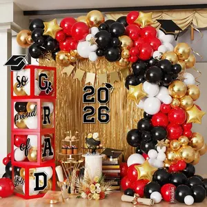 Red Graduation Party Decorations - Set of 4 Balloons Boxes with Red Black Gold Balloon Arch Kit and Fringe Curtains, So Proud of You 2026 Congrats Grad for