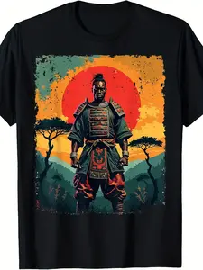 Afro Vintage Art T-Shirt Featuring an African Samurai Warrior, Designed for Both Men And Women, Made of 220G Pure with a Summer Short-Sleeve Print for