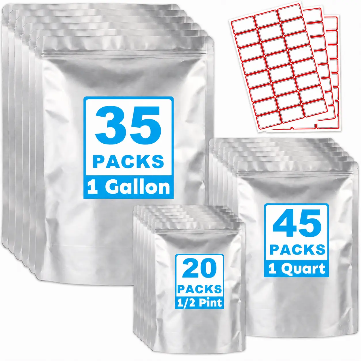 100-Pack Dustproof Mylar Food Storage Bags - 10Mil 1Gal (35pcs), 8Mil 1Qt (45pcs), 6Mil 0.5Pt (20pcs), Resealable Ziplock for Long-Term Kitchen Preservation, Camping Food & Work Lunches, Lunch At Work
