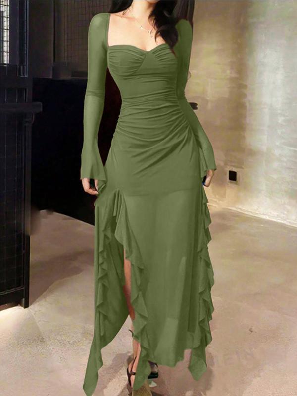 Women's Plain Ruffle Trim Long Sleeve Dress, Elegant Fashion Casual Sheer Mesh Dress for Daily Outdoor Wear, Women Dress for All Seasons，black tie wedding guest dress