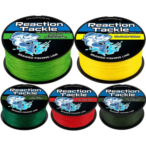 No-Fade Braided Fishing Line 6-100lb - Reaction Tackle X4 Strand Color-Lock Braid, Zero Stretch, Abrasion Resistant, 150-3000yd Bulk Spools - Hi-Vis Green, Low-Vis Green, Moss Green, Red, Yellow for Bass, Catfish