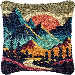 DIY Latch Hook Pillow Kit for Adults with Printed Canvas Crochet Yarn, Handmade Throw Pillow Cover Needlecraft Cushion for Home Sofa Decor 43x43cm, Sunset Mountain Tree Landscape Design