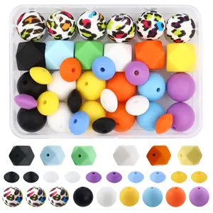 36 Silicone Beads Kit Bead Assortment for Keychain Making, Beading Accessories, 12mm 15mm Round & 14mm Polygonal Rubber Beads, Multicolor Bulk Set for DIY Jewelry Crafts
