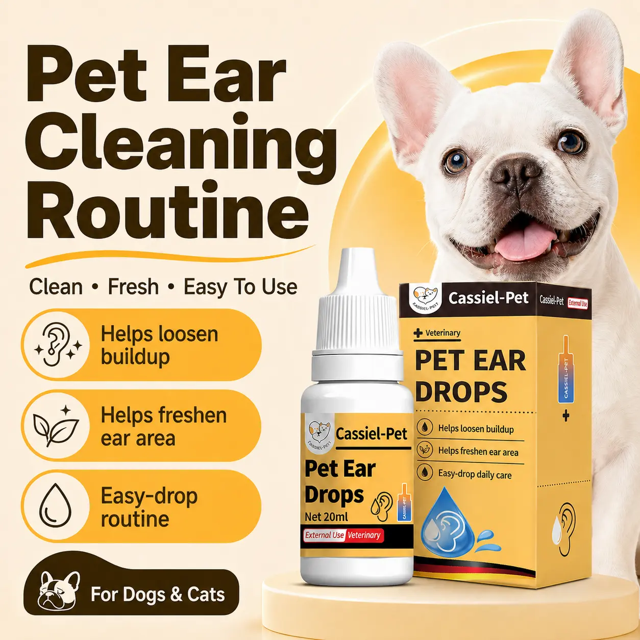 Cassiel Pet Ear Care Solution for Dogs & Cats, Gentle Pet Ear Cleaning Liquid, Daily Ear Care, Easy to Use, Suitable for Puppies, Cats and Dogs