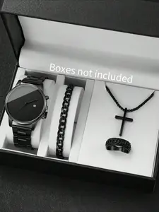 Men's Steel Band Wheel HUB Watch Set, Sporty Fashion Large Dial Quartz Watch + Chain Bracelet + Cross Necklace + Ring (4 Pieces)