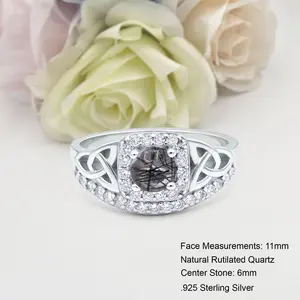 Trinity Halo Cushion Cut 0.84 Carat Natural Rutilated Quartz Ring Bridal Band Wedding Round Shape Ring 925 Sterling Silver 11mm