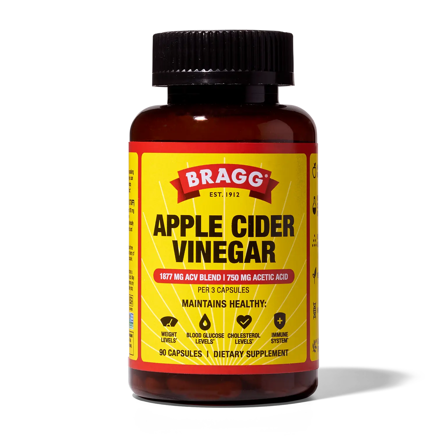 Bragg ACV Supplement - 750 mg Acetic Acid, Vitamin D & Zinc for Immunity, Metabolism & Wellness - 90 Capsules
