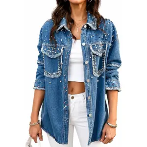 Women's Denim Jacket with Embellished Shiny Studs, Non Stretch Distressed Jean Coat
