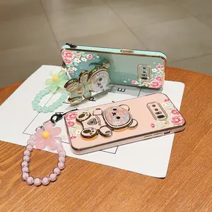 Note 8 Mom Series Fashion Strap Lanyard Phone Holder Case For Compatible With Samsung Galaxy Note 8 PC Cover and Elegant Floral Embellished Cute Bear Protector Cases