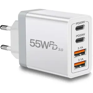 European Travel Plug Adapter USB C, 55W USB C European Charger 4-Port  Charger Type C Wall Charger  to  Plug Adapter for  17 16 15 14 13 12 11 Pro Max X 8, Galaxy, Android