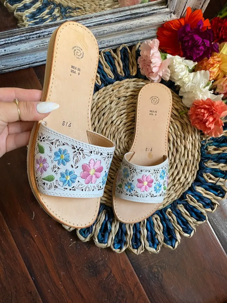 Embroidered Leather Wedge Sandals: Floral Huarache Heels, shose summer