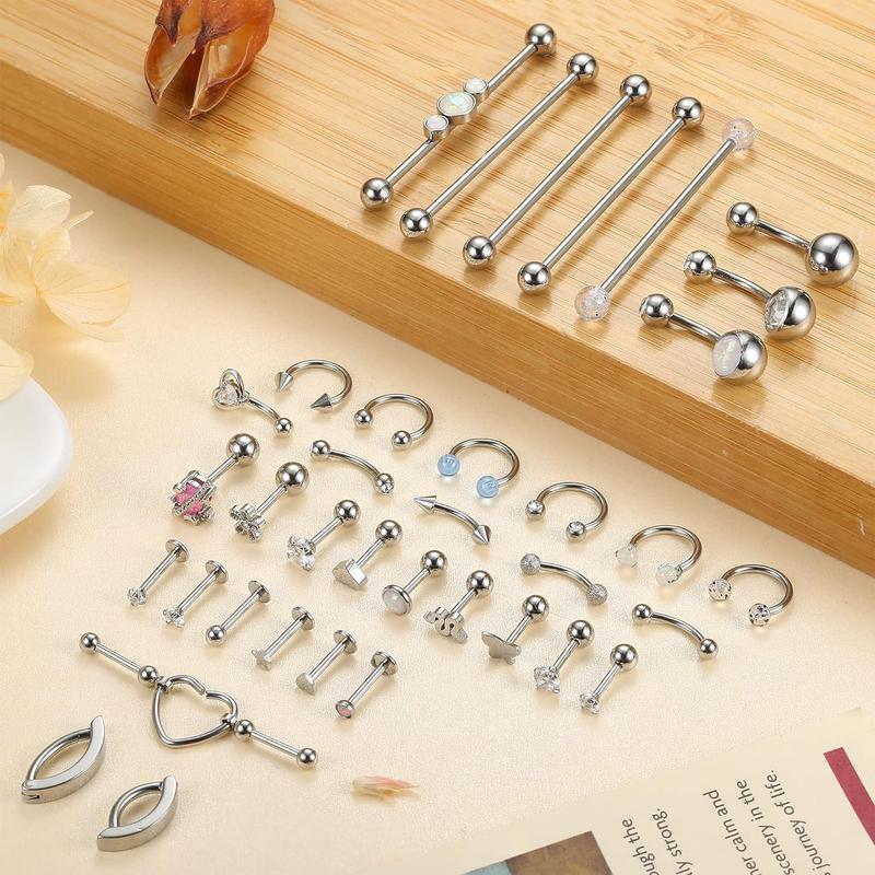 Jstyle 37 Pcs 14G-16G Body Piercing Jewelry for Women 316L Stainless Steel Industiral Cartilage Earrings Clicker Belly Button Rings Lip Eyebrow Rings Horsehoe Septum Rings Body Piercing Jewelry Set Daily