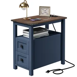 Farmhouse End Table with Charging Station and 2 Storage Drawers, Blue Wood Nightstand Narrow, Skinny Side Table Rustic, Slim Bedside Table, Open Shelf, Small for Bedroom, Living Room, Sofa