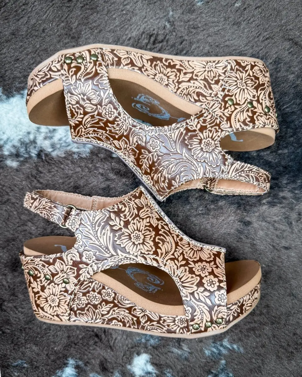 Women's Fashion Heeled Footwear - Very G Isabella Tooled Tan Wedge Shoe