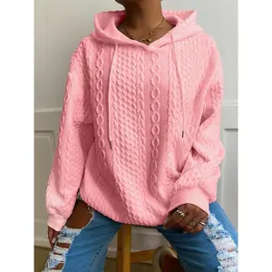 Women's Loose-Fit Textured Drawstring Hoodie, Casual Long Sleeve Sporty Sweatshirt, Spring & Fall Fashion, Ladies' Clothing, Womenswear, Garment