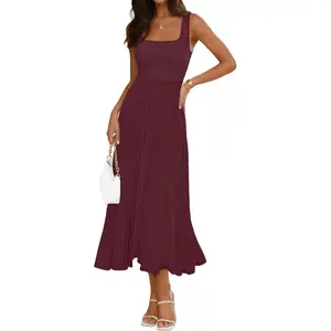 Women's Summer Midi Dress Spring Sleeveless Pleated A Line Casual Business Work Cocktail Vacation Dresses