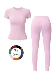 Women's High Waisted Yoga Set, Gym Clothes Set, Ruched Design, Short Sleeves, Above Ankle Pants, Sweat-Wicking Quick-Dry Fabric, All-Season Wear, Tracksuit Set