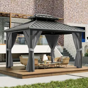 Garvee 10x12 ft Double Roof Hardtop Gazebo, Heavy Duty Galvanized Steel Pavilion with Netting and Curtains, Metal Roof Patio Gazebo for Terrace, Lawn, and Deck, Gray